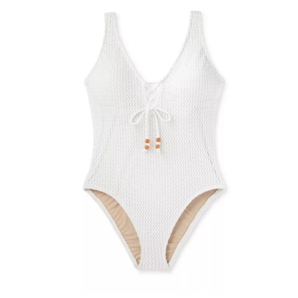 Shade & Shore Women's Crochet Lace-Up One Piece Swimsuit Cream